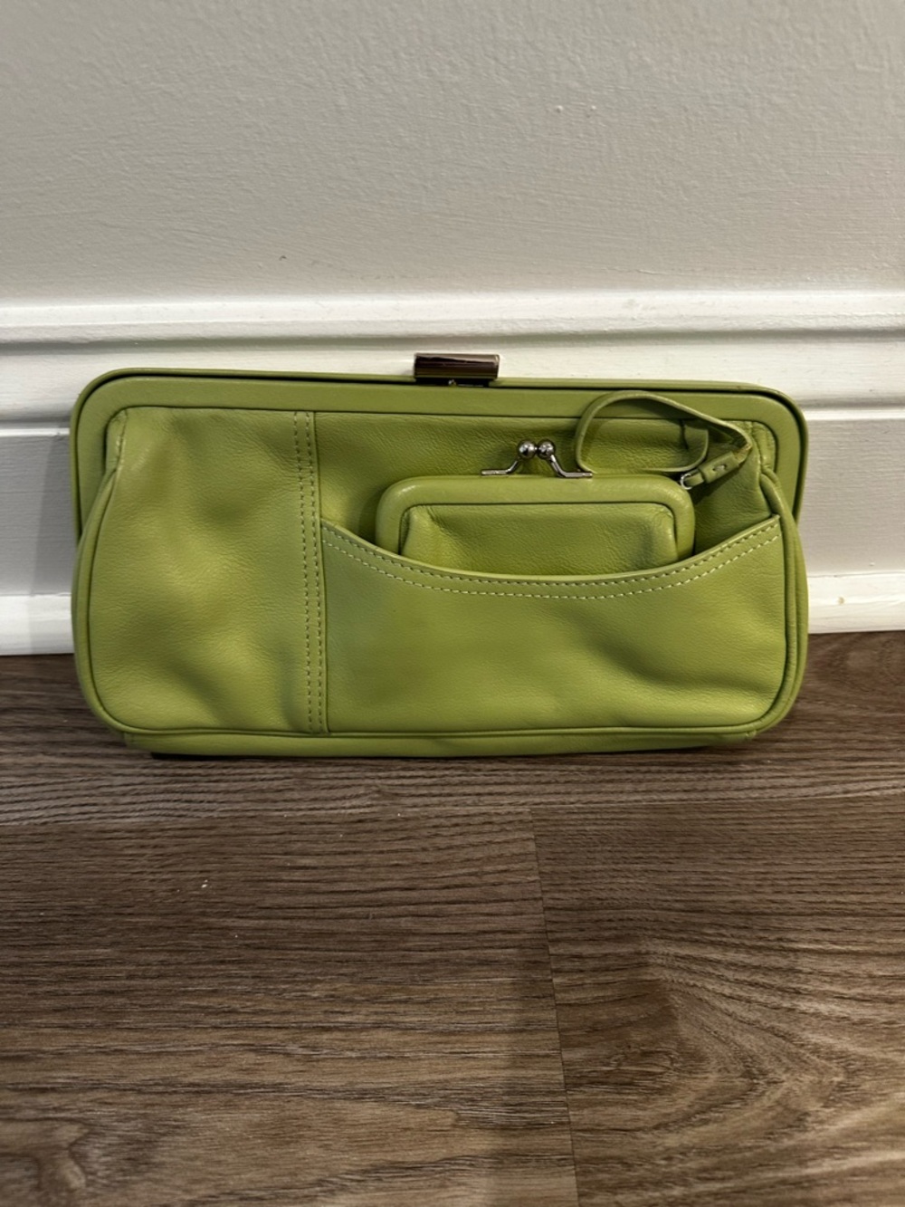 Anthropologie Pastel Green Leather Clutch with Detachable Coin Purse